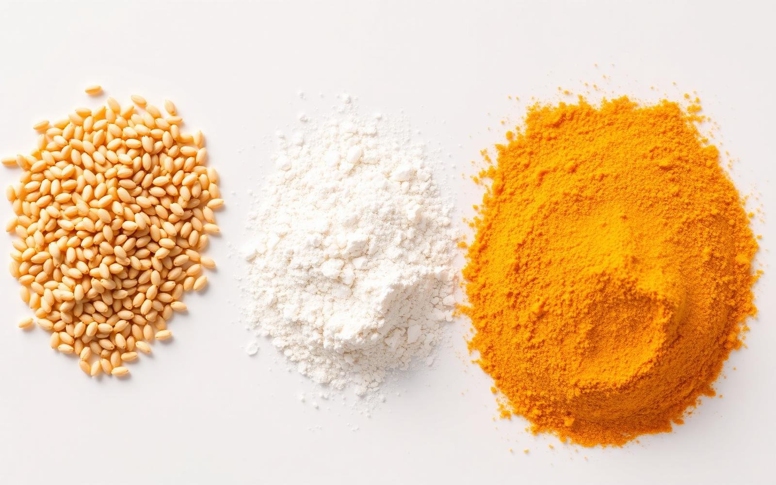 Wheat grains, flour and ground spices